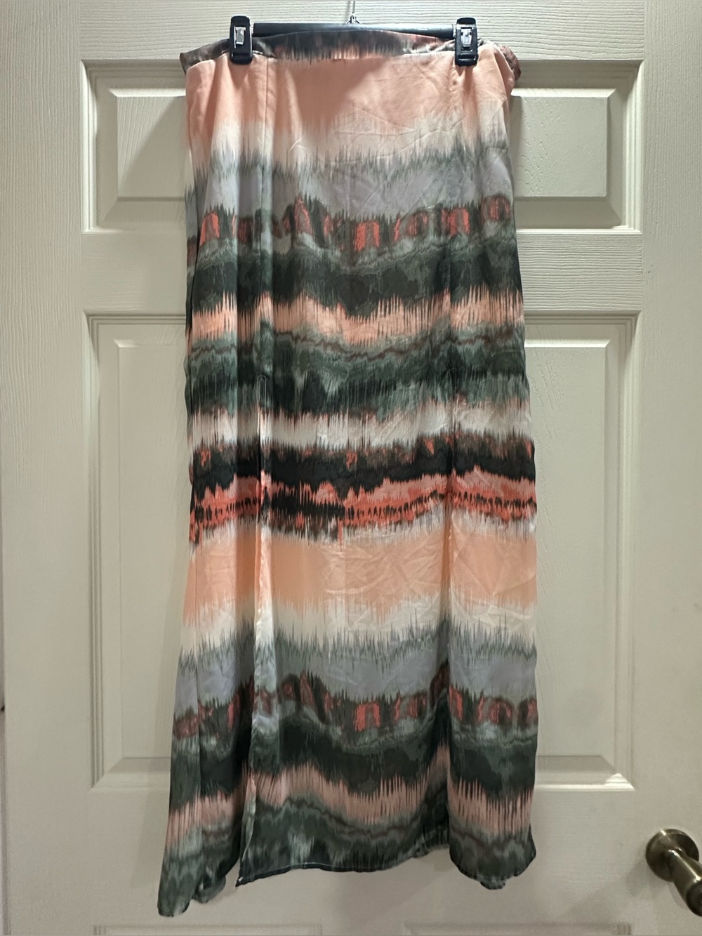 Peach and Olive Wave Print Maxi Skirt